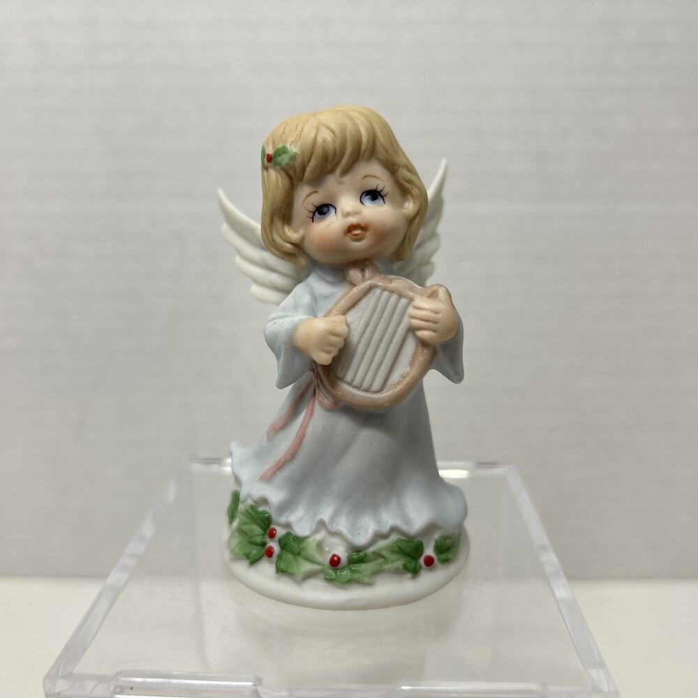 Vtg Lefton Christmas Angel Ceramic 3" Figurine Playing Lyre Harp Matte 1991